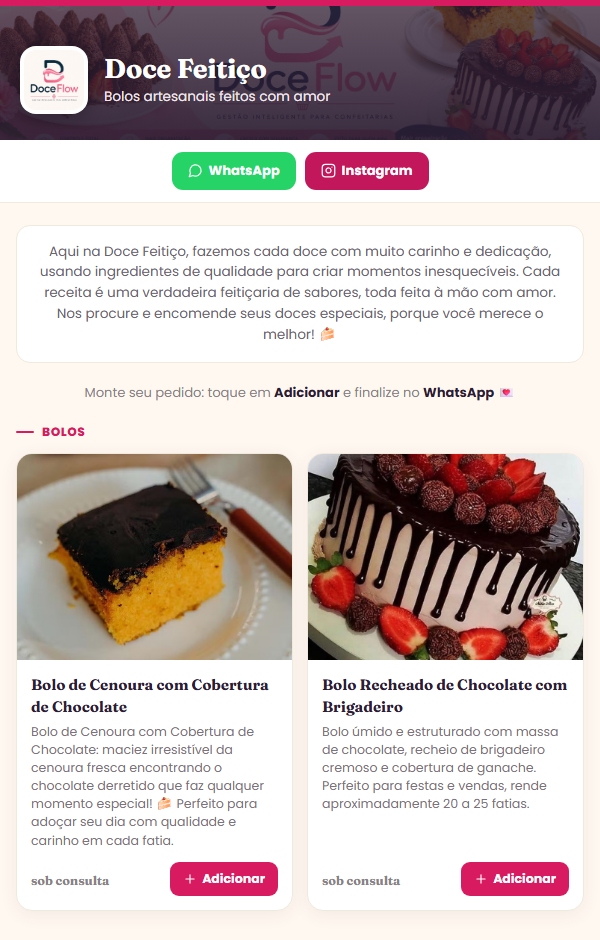 Vitrine online do DoceFlow — a confeitaria Doce Feitiço